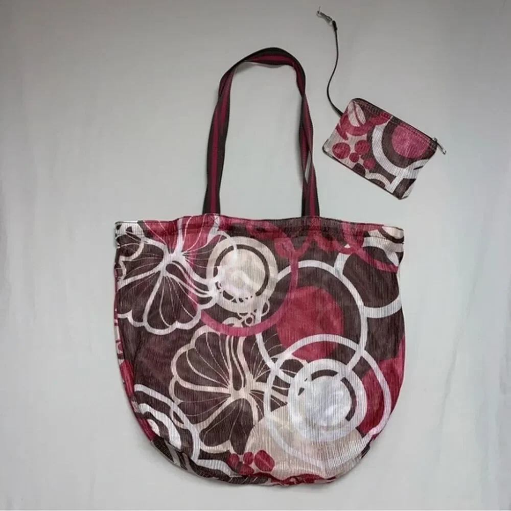 Mesh Beach Tote Bag Brown Pink White Top Handle Summer Pool Shoulder Picnic
